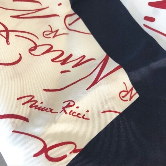 NINA RICCI Silk Ivory Red Navy Border Square Scarf with Logo Writing - Picture 3 of 8